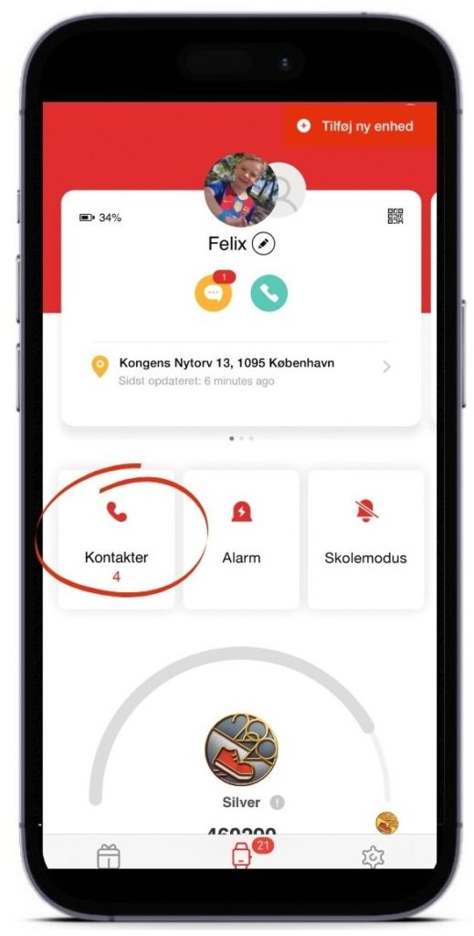 Kontakt knap på forside af Xplora app